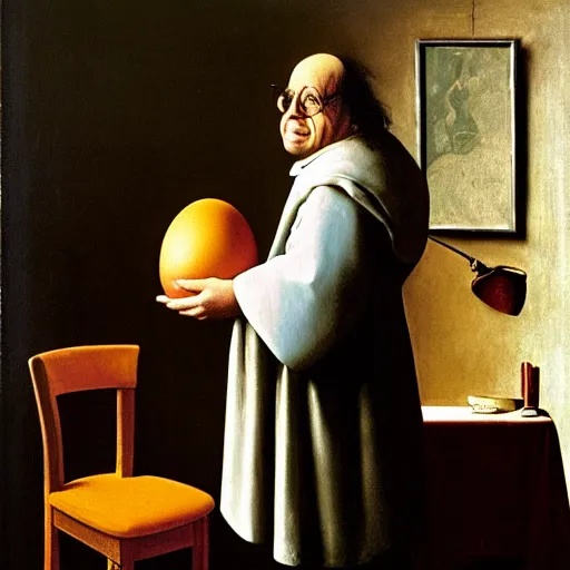 Image similar to danny devito standing next to a chair shaped like an egg, renaissance painting by vermeer