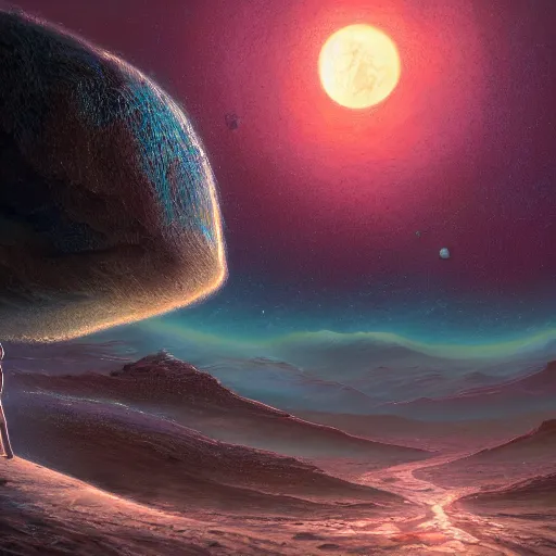 Prompt: an explorer on an alien world, artstation hall of fame gallery, editors choice, # 1 digital painting of all time, most beautiful image ever created, emotionally evocative, greatest art ever made, lifetime achievement magnum opus masterpiece, the most amazing breathtaking image with the deepest message ever painted, a thing of beauty beyond imagination or words