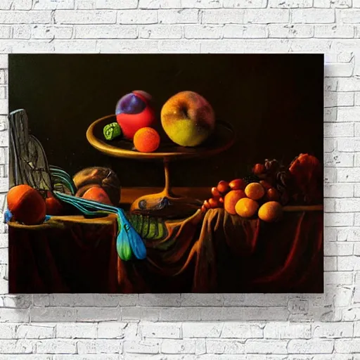 Prompt: Still life with impossible 4d alien glowing fruits, roast grue, in orbital space ship, fine art oil painting, dutch masters