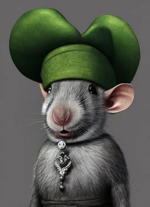 Image similar to gray rat standing on two legs, wearing jewelry, green eyes, tricorne hat, green robe, D&D, digital art, realistic, trending on artstation, 4k