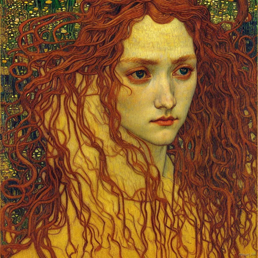 Image similar to detailed realistic beautiful young medieval queen face portrait by jean delville, gustav klimt and vincent van gogh, art nouveau, symbolist, visionary, gothic, pre - raphaelite, muted earthy colors, desaturated