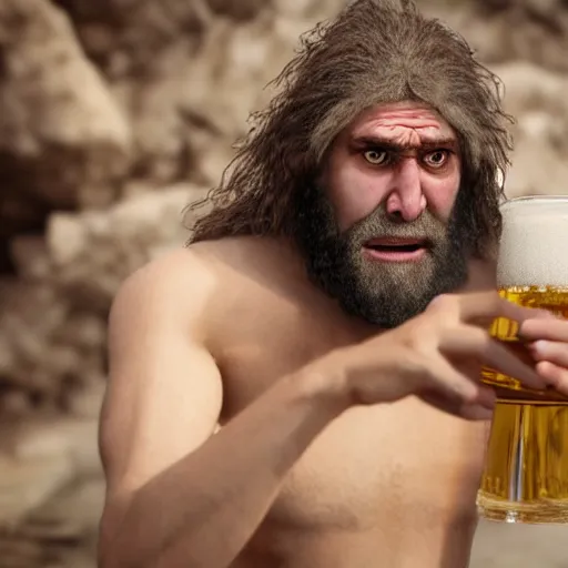 Image similar to photo of ancient caveman surprised to discover beer for the first time, high detail, ultra realistic, 4k UHD, pristine