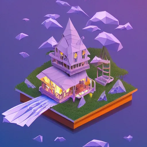 Image similar to floating spooky house in the sky, low poly, isometric art, 3d art, waterfall, high detail, artstation, concept art, behance, ray tracing, smooth, sharp focus, ethereal lighting