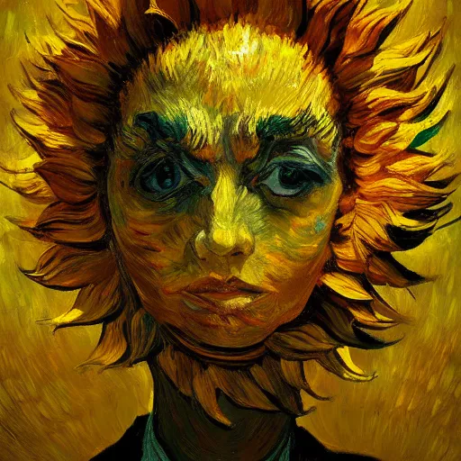 Image similar to giant sunflower head, woman in an apartment, surreal, dramatic light, impressionist painting, digital painting, artstation, van gogh