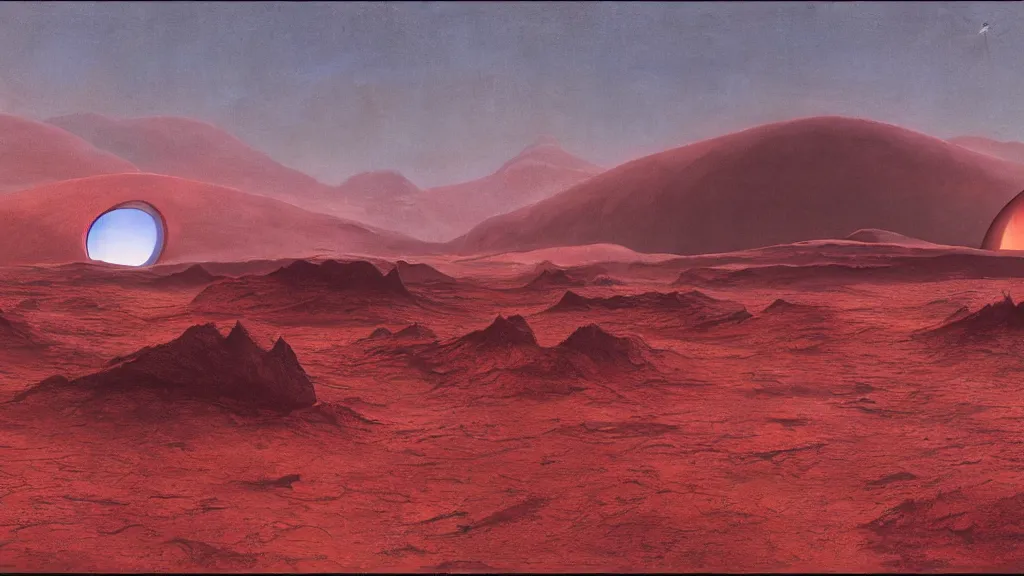 Prompt: otherworldly atmosphere of an alien red desert planet by arthur haas and bruce pennington and john schoenherr, cinematic matte painting, zaha hadid structure, 8 k dark moody colors