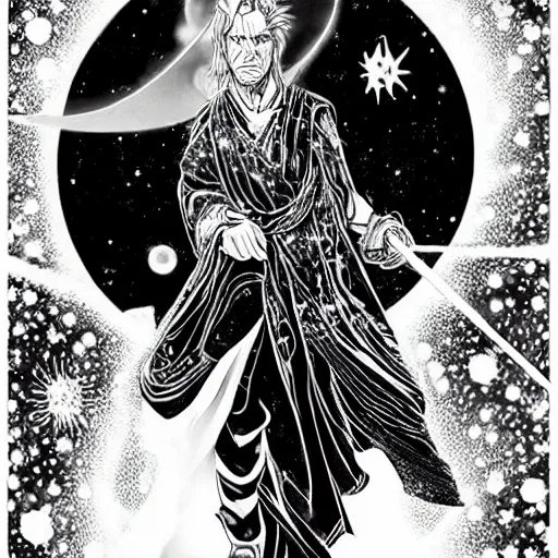 Image similar to black and white pen and ink!!!!!!! Ewan McGregor wearing cosmic space robes made of stars final form flowing royal hair golden!!!! Vagabond!!!!!!!! floating magic swordsman!!!! glides through a beautiful!!!!!!! Camellia flower battlefield dramatic esoteric!!!!!! Long hair flowing dancing illustrated in high detail!!!!!!!! by Moebius and Hiroya Oku!!!!!!!!! graphic novel published on 2049 award winning!!!! full body portrait!!!!! action exposition manga panel black and white Shonen Jump issue by David Lynch eraserhead and beautiful line art Hirohiko Araki!! Rossetti, Millais, Mucha, Jojo's Bizzare Adventure