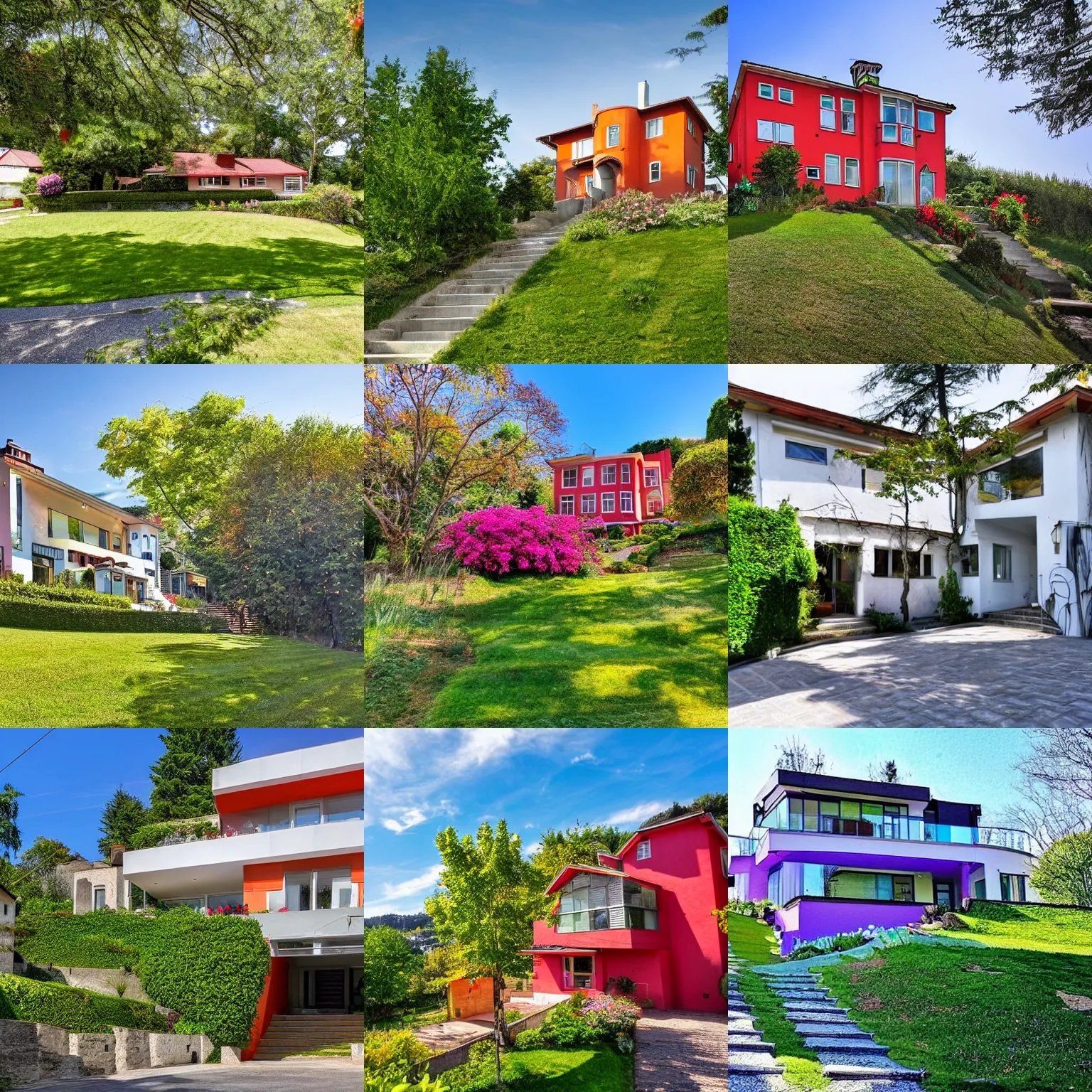 Prompt: <picture quality=hd+ mode='attention grabbing'>A beautiful vibrant large house in a on a hill with a sidewalk and a garden</picture>