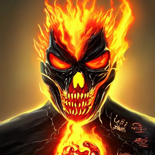 Image similar to ghost rider symbiote, comic strip style, dynamic lighting, fantasy concept art, trending on art station, stunning visuals, creative, cinematic, portrait, ultra detailed