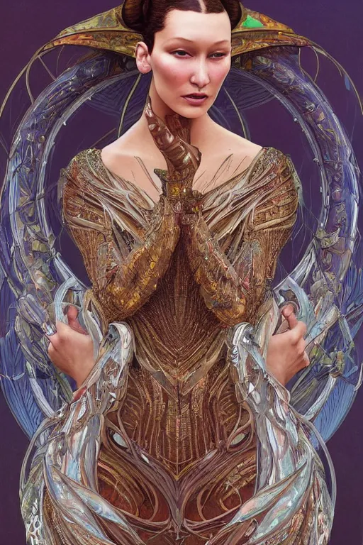 Prompt: a highly detailed painting of a beautiful alien goddess bella hadid in iris van herpen dress schiaparelli in diamonds in style of alphonse mucha art nuvo trending on artstation octane render