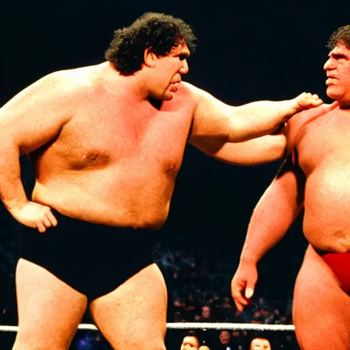 Image similar to shrek vs andre the giant at wrestlemania 8