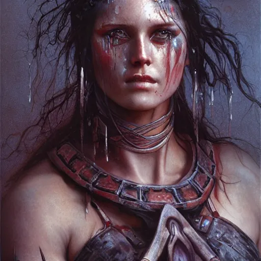 Prompt: beautiful warrior princess covered in sweat by gerald brom, photo realistic, 4 k