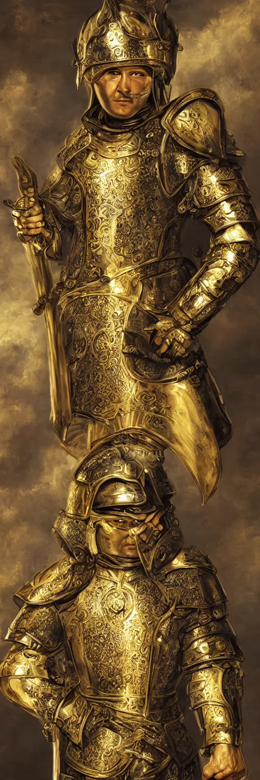 Prompt: man in royal decorated with gold medieval baroque style armor and helmet and big golden cross on his chest rennaisance art style high resolution high detail