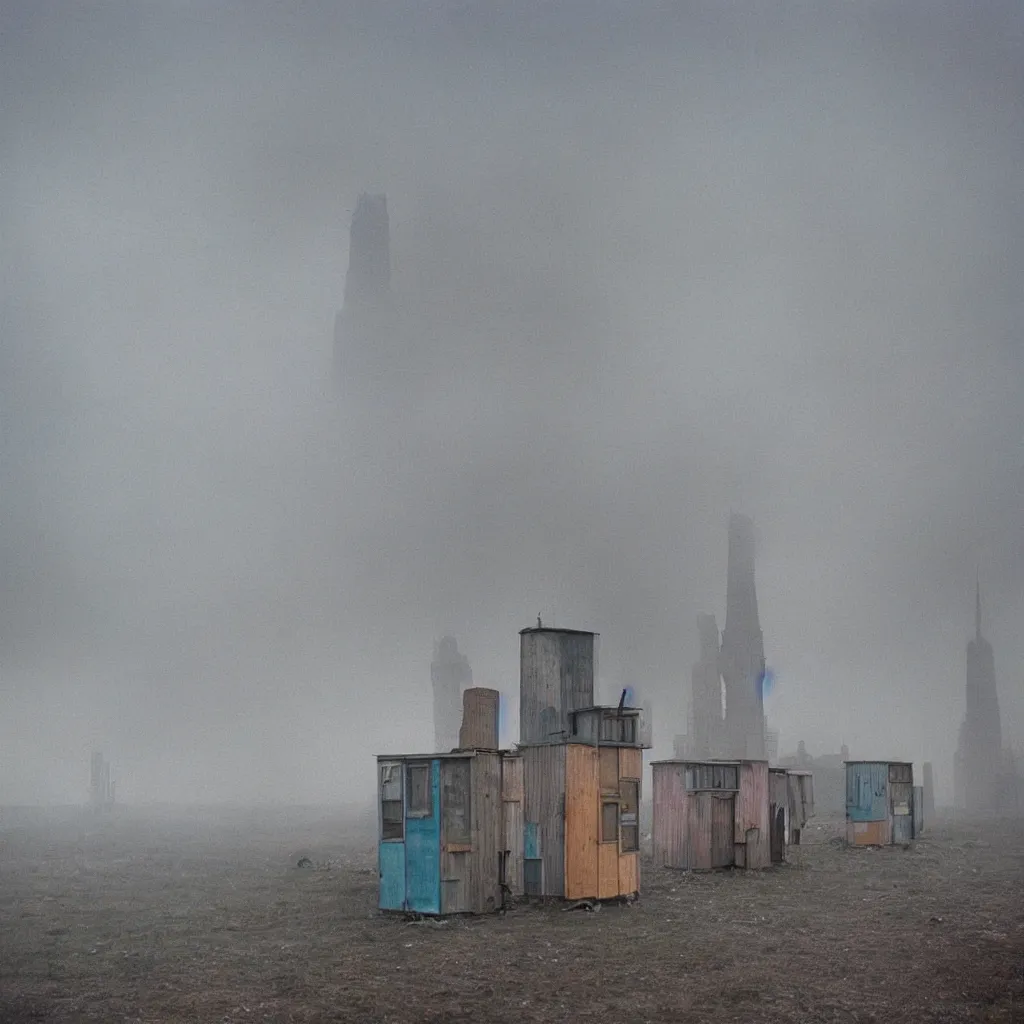 Image similar to two towers, made up of makeshift squatter shacks with pastel colours, uneven dense fog, dystopia, mamiya rb 6 7, fully frontal view, very detailed, photographed by jeanette hagglund