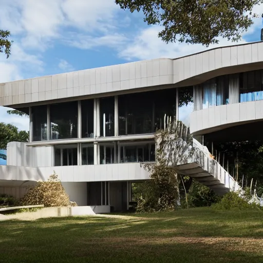 Image similar to second story elevated white brutalist home perched atop 2 equidistant separated large piers, double cantilevered design, large windows, elegant, white stone, proportion, golden ratio, epic composition, steel window mullions, cars parked underneath