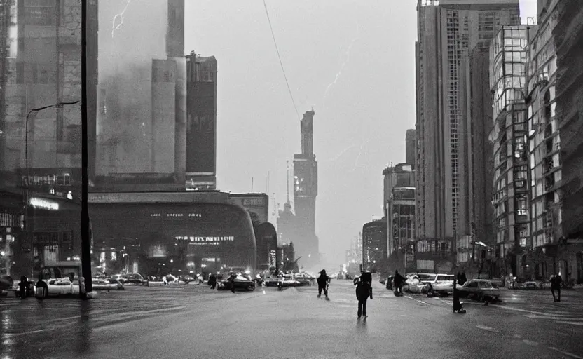 Image similar to 70s movie still of a soviet street with pedestrians with soviet high rise in the backround , Cinestill 800t 18mm beuatiful black and white, heavy grainy picture, very detailed, high quality, 4k panoramic, dramatic lightning, neon billboards and streetlight at night, rain, mud, foggy