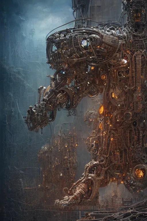 Image similar to A photorealistic 3d render of a robot monster cyborg made of circuits wide view shot by ellen jewett , tomasz alen kopera and Justin Gerard symmetrical features, ominous, magical realism, texture, intricate, ornate, royally decorated, android format, windows, many doors, roofs, complete house , whirling smoke, embers, red adornments, red torn fabric, radiant colors, fantasy, trending on artstation, volumetric lighting, micro details, 3d sculpture, ray tracing, 8k