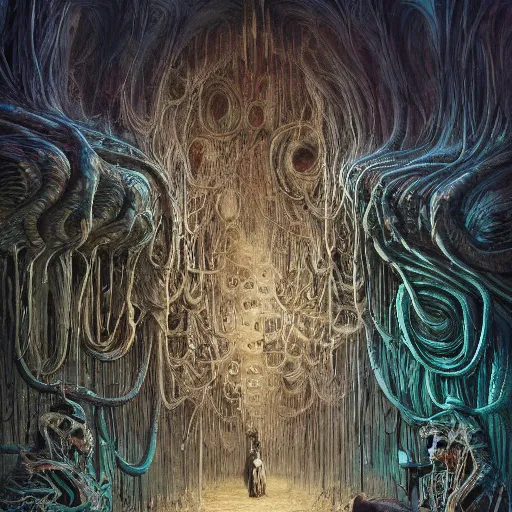 Image similar to painting of a creepy family wearing long robes, highly detailed, intercrossed humans, mixed animal, in a beautiful crystal caverine, by giger, zdzislaw beksinski, frank frazette, cold hue's, amazing colorful background, digital art, concept art, animal painting, beautiful composition 3 - d 4 k,