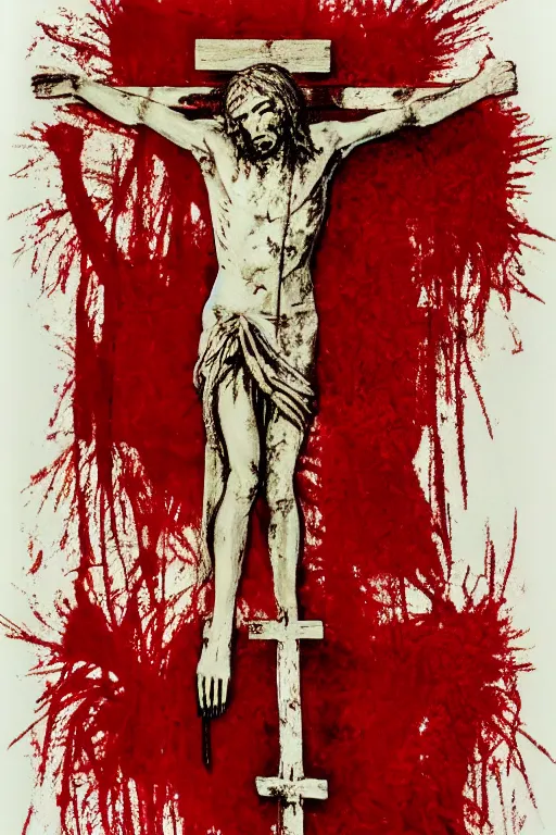 Image similar to bloody christ crucified on a very big mushroom painted in by cy twombly and andy warhol