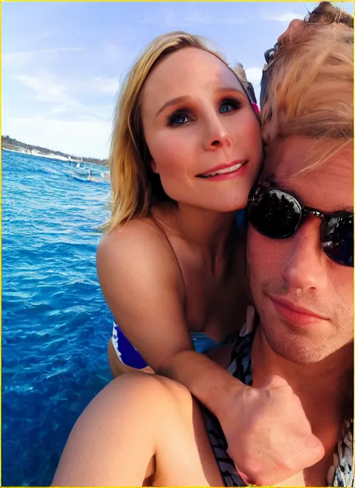 Prompt: pov date with kristen bell sitting on my lap in a bikini, 1 2 0 deg fov