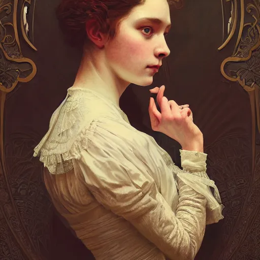 Prompt: a portrait of a victorian woman, studio shot, cinematic, artgerm, detailed, intricate, elegant, highly detailed, digital painting, artstation, concept art, smooth, sharp focus, illustration, art by greg rutkowskii, hana yata, artem demura, alphonse mucha