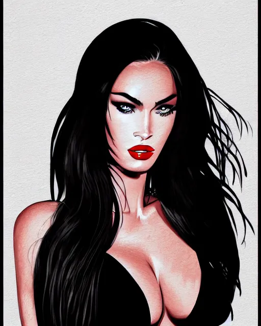 Image similar to closeup portrait beautiful seductive megan fox with long windblown hair in a black party dress in standing on a street in chinatown, red lipstick, glamour pose, detailed illustration, digital art, trending on artstation, arney freytag, frank miller, moebius, graffiti, gta v,