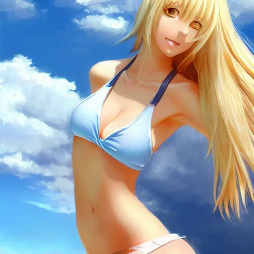 Prompt: full body shot : a very beautiful young blond tennis anime girl, sky blue eyes,, bikini, miniskirt, highly detailed, cinematic wallpaper by stanley artgerm lau