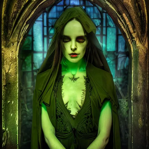 Image similar to a portrait of a necromancer, green aura ,Grim fantasy, D&D, HDR, natural light, shoulder level shot, dynamic pose, award winning photograph, Mucha style, 8k,