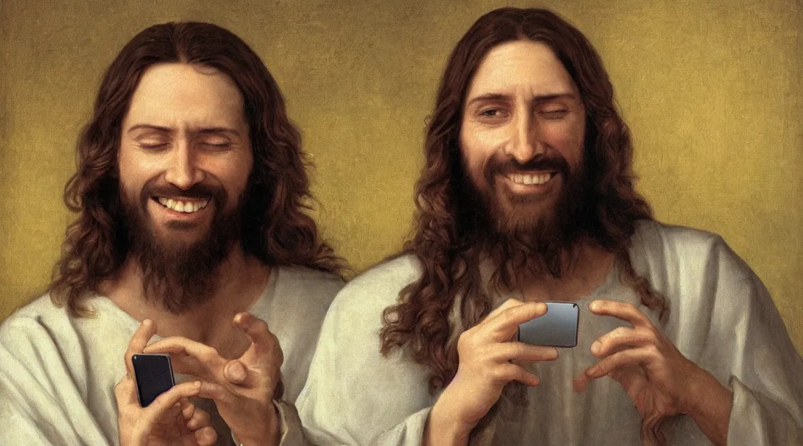 Image similar to portrait of one Jesus laughin because see a meme in him cellphone, no letters, one person