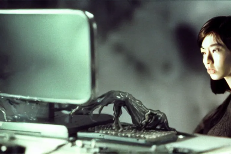 Image similar to alien catgirl using a computer to check her email submerged in translucent goo, over the shoulder perspective, in 1 9 8 5, y 2 k cybercore, industrial low - light photography, still from a kiyoshi kurosawa movie