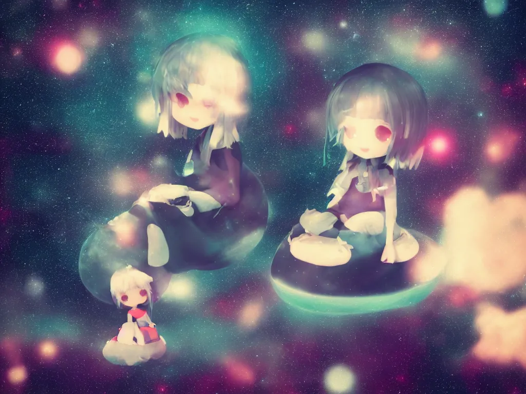 Image similar to cute fumo plush girl sitting on a small island floating in the dark galactic abyss, vignette, bokeh, vray