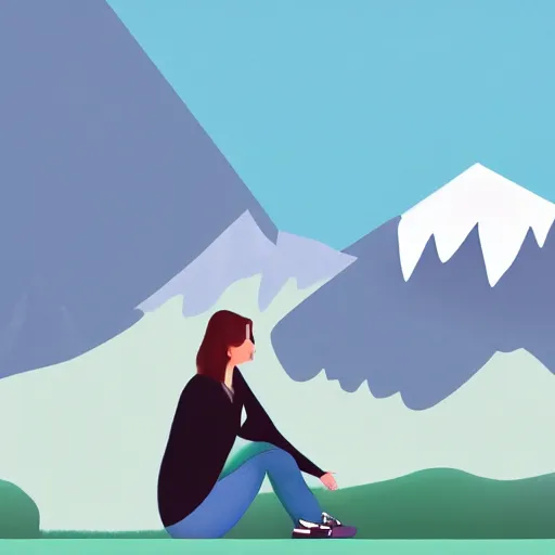 Prompt: illustration of a smiling female software developer sitting outside in front of a modern campus building with beautiful mountains in the background, digital art, high detail, summer, alps, 4k, cartoon