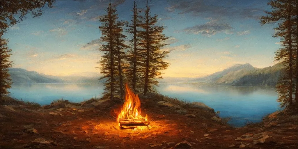 Prompt: a beautiful!!!!!!!! solitary campfire with a beautiful!!! lake in the background, no people, lonely landscape, oil painting, trending on artstation, highly detailed