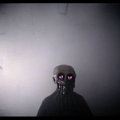 Image similar to a horrific creature in the fog, 3 5 mm, film shot, creepy, horror, cosmic horror, cinematic, dark