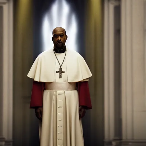Prompt: kanye west as the pope movie still, detailed face, photorealistic facial features, cinematic lighting, dramatic, octane render, long lens, shallow depth of field, bokeh, anamorphic lens flare, 8 k, hyper detailed, 3 5 mm film grain