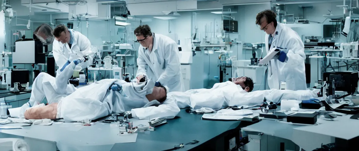 Image similar to filmic dutch angle movie still 4 k uhd 3 5 mm film color photograph of a seriously injured scientist with broken legs and broken arms lying face down in a lab