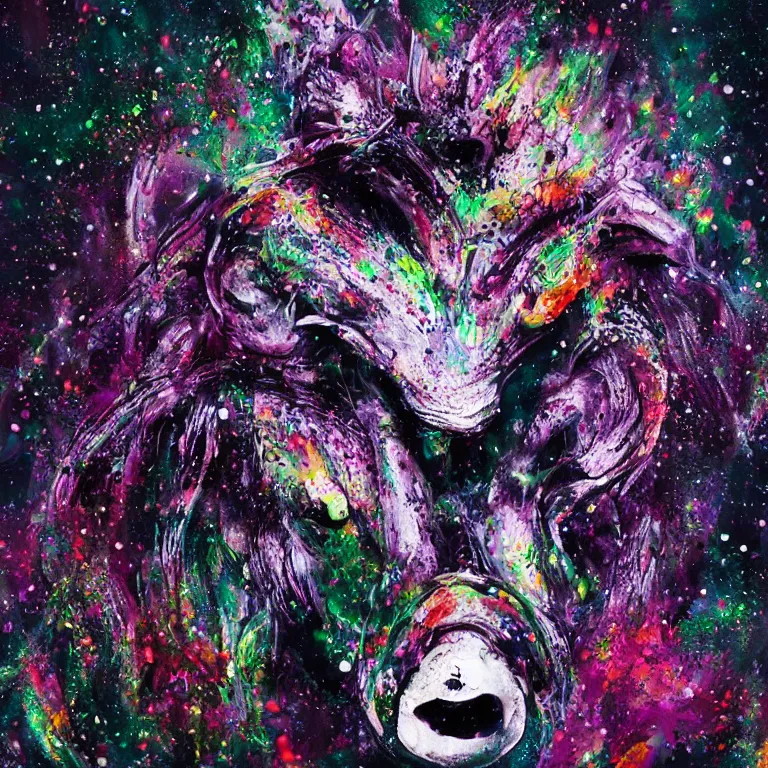 Prompt: cute xenomorph, cow head, lion mane, pig nose, sheep horns, splatter paint, desaturated rainbow color palette, symmetrical, full front portrait