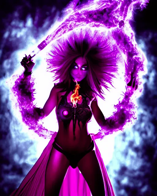 Image similar to pyromancer devil girl cover in purple death flames, deep pyro colors, purple laser lighting, award winning photograph, radiant flares, intricate, various refining methods, micro macro autofocus, evil realm magic painting vibes