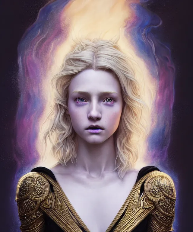 Prompt: hyperrealistic mixed media painting of a beautiful young female wizard, stunning 3d render inspired art by P. Craig Russell and Barry Windsor-Smith + perfect facial symmetry + dim volumetric lighting, vibrant short blonde hair, pale skin, ornate black robes, dizzy, full body, confident heroic pose, 8k octane beautifully detailed render, post-processing, extremely hyperdetailed, intricate, epic composition, grim yet sparkling atmosphere, cinematic lighting + masterpiece, trending on artstation, very very detailed, masterpiece, stunning