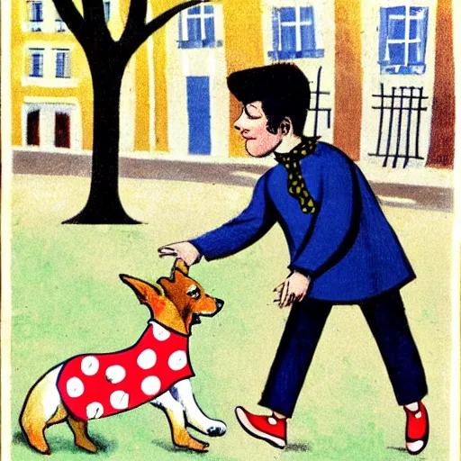 Image similar to book illustration of a french boy on the streets of paris playing football against a corgi, the dog is wearing a polka dot scarf, 1 9 6 6