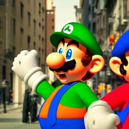 Image similar to Mario and Luigi attending Christopher Street Day, dramatic lighting, cinematic, photorealistic, award-winning, 4K