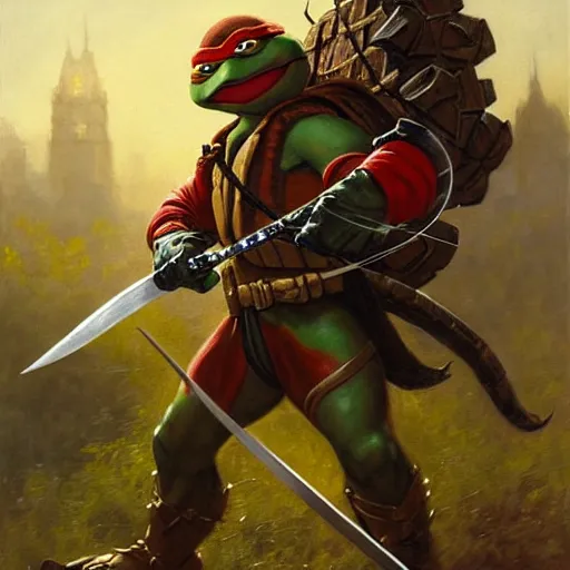 Prompt: a teenage mutant ninja turtle as a d & d style fighter with a sword and shield, highly detailed painting by gaston bussiere, craig mullins, j. c. leyendecker, 8 k