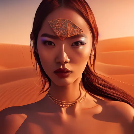 Prompt: giesha demon, innovative avant - garde art, deco fashion, asian women, highly detailed, photorealistic portrait, serene desert setting, golden hour, crisp quality and light reflections, octane render