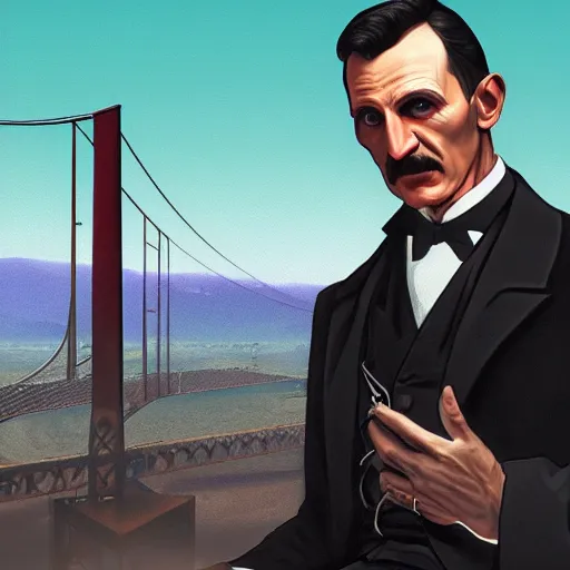 Image similar to nikola tesla in gta v cover art by steven bliss, cover art, box art, loading screen