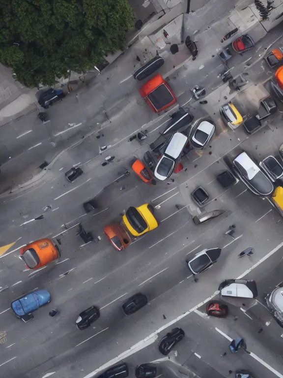 Image similar to traffic blocked by a giant boot. a giant foot stepping down onto the street and blocking cars. drone footage, award - winning photography, photojournalism