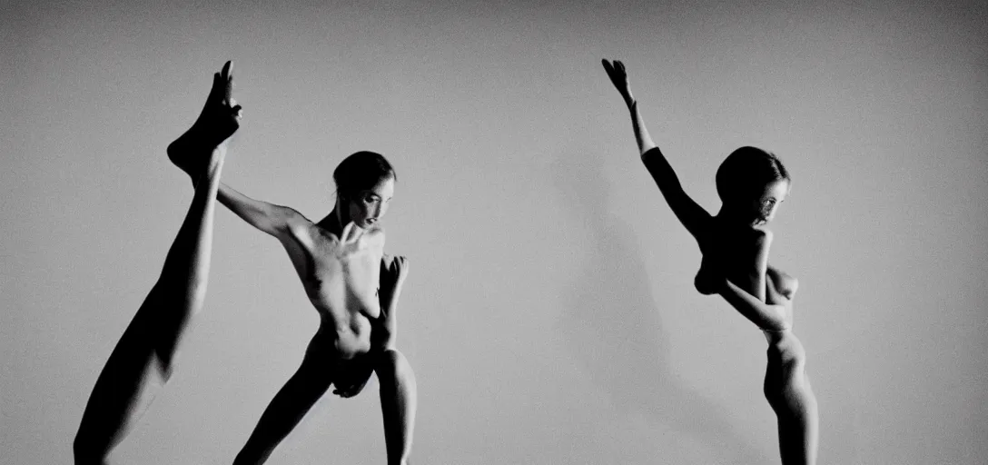 Prompt: photo portrait of a athletic girl body, no clothes, raised hands, white background, new york, by helmut newton, black and white, highly detailed, cinematic, dynamic lighting