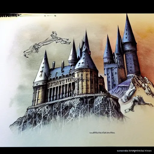 Image similar to beautiful aesthetic inspirational masterful professional ink pen and watercolor sketch of harry potter school of wizardry, ultra detailed, fine details, trending on artstation, high quality paper