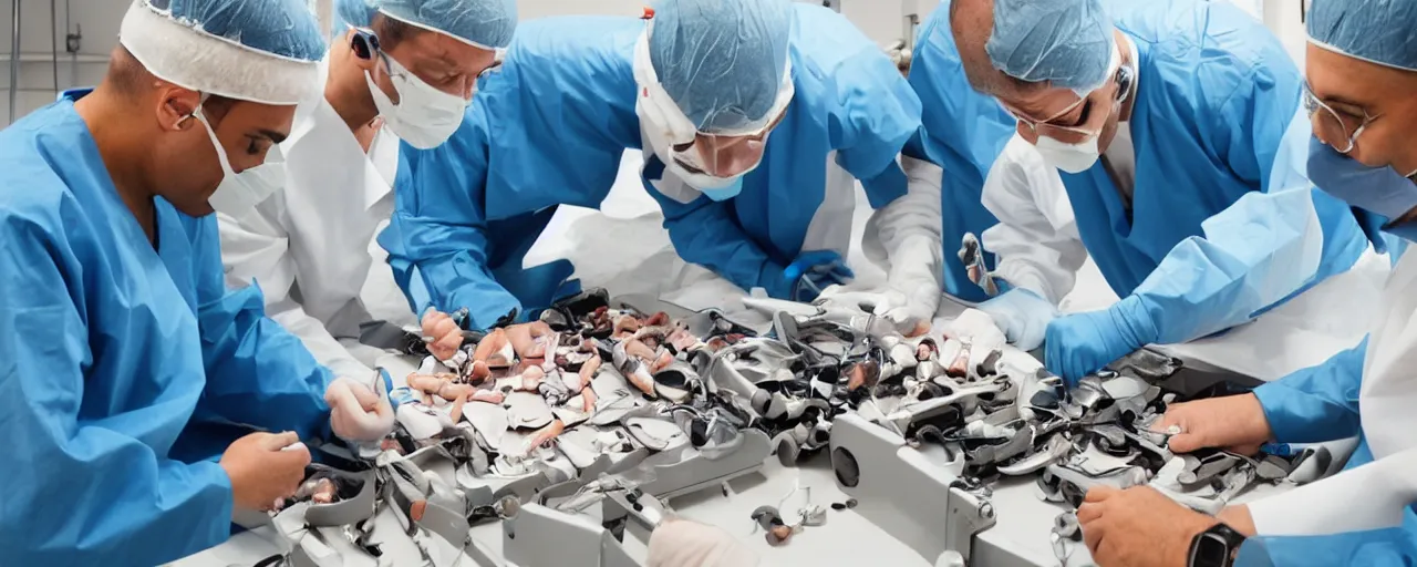 Prompt: three surgeons performing an operation on a jigsaw puzzle on an operating table, 16k, ultra realistic