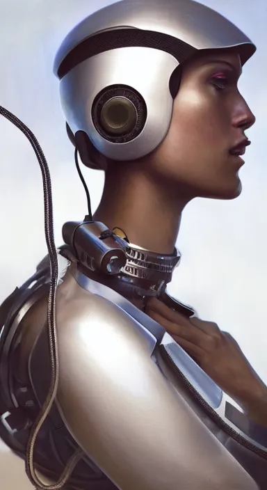 Prompt: portrait of a catholic cyborg saint djing with headphones on and a halo, high detail, hyper - realism, 4 k, by greg rutkowski and asher brown durand and vogue, trending on artstation