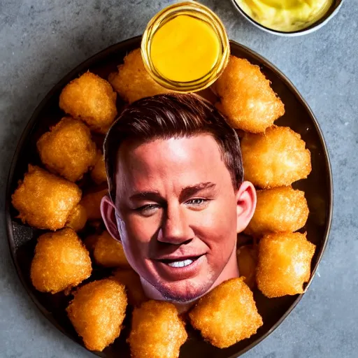 Image similar to food photo of channing tatum's face on top of giant tater tot on a plate with ketchup