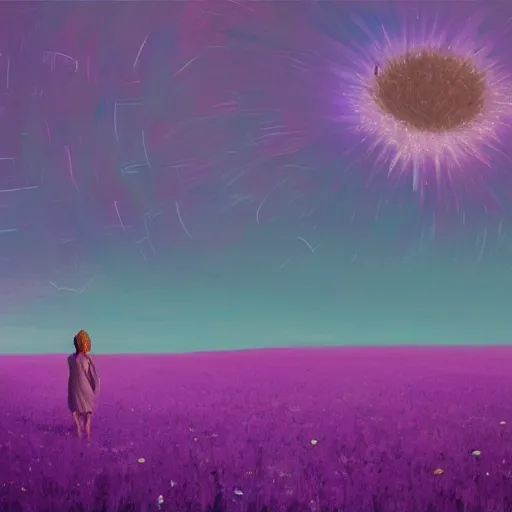 Image similar to giant purple daisy flower as a head, girl walking in wheat field, hills, surreal photography, dark night, star trails, dramatic light, impressionist painting, clouds, digital painting, artstation, simon stalenhag